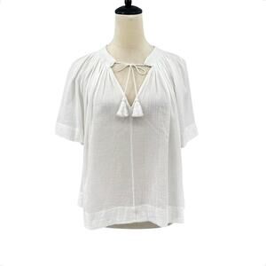 Vince Flowy White Cotton Short Sleeve Tassel Lightweight Top
